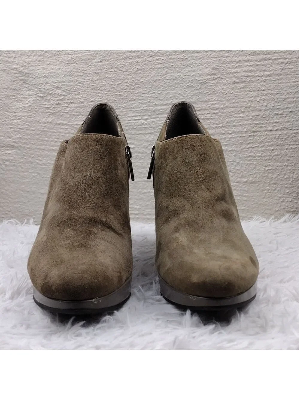 Bandolino Cardinal Taupe Suede Patent Leather Almond Toe High Heel Ankle Bootie